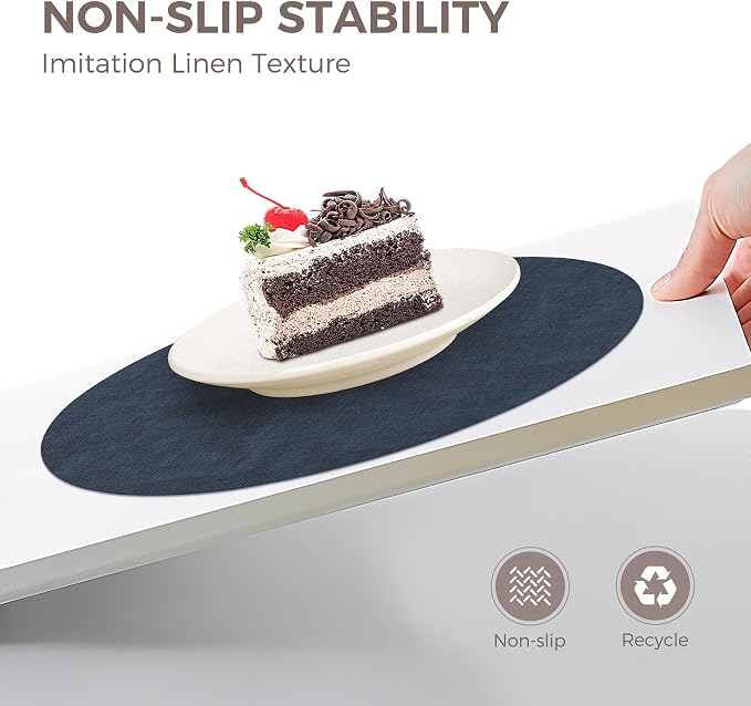 13" Round Placemats Set of 8, Reversible Faux Leather Wipeable Table Mats | 2mm Vinyl Heat Resistant, Waterproof Oilproof Scratch Proof Non-Slip, Washable for Kitchen Dining Indoor Outdoor (Navy Blue)