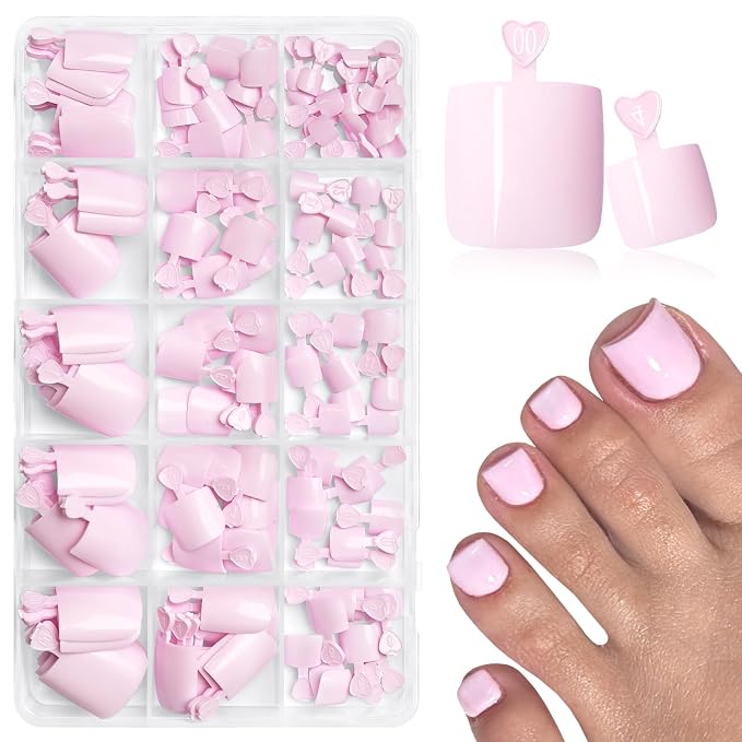 AddFavor 160pcs Pink Press on Toenails for Women, Full Cover Fake Toe Nail Tips with Adhesive Tabs, Artificial Pedicure Toe Nail Press ons, Pink False Toenail Press ons