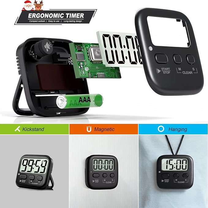 2 Pack Digital Timer for Kids Classroom Kitchen Timers for Cooking | w/ Battery, Easy to View, Alarm, Mute Mode, Count Down/Up, Magnetic, Kickstand, Hanging, Classroom Timer for Teacher Supplies