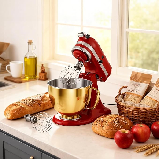 KITOART 5QT Stainless Steel Mixer Bowl with Handle for KitchenAid Gold | Mixer Bowl Compatible with KitchenAid 4.5-5 QT Artisan Tilt-Head Stand Mixers, Dishwasher Safe, Check Verified Fit Chart.