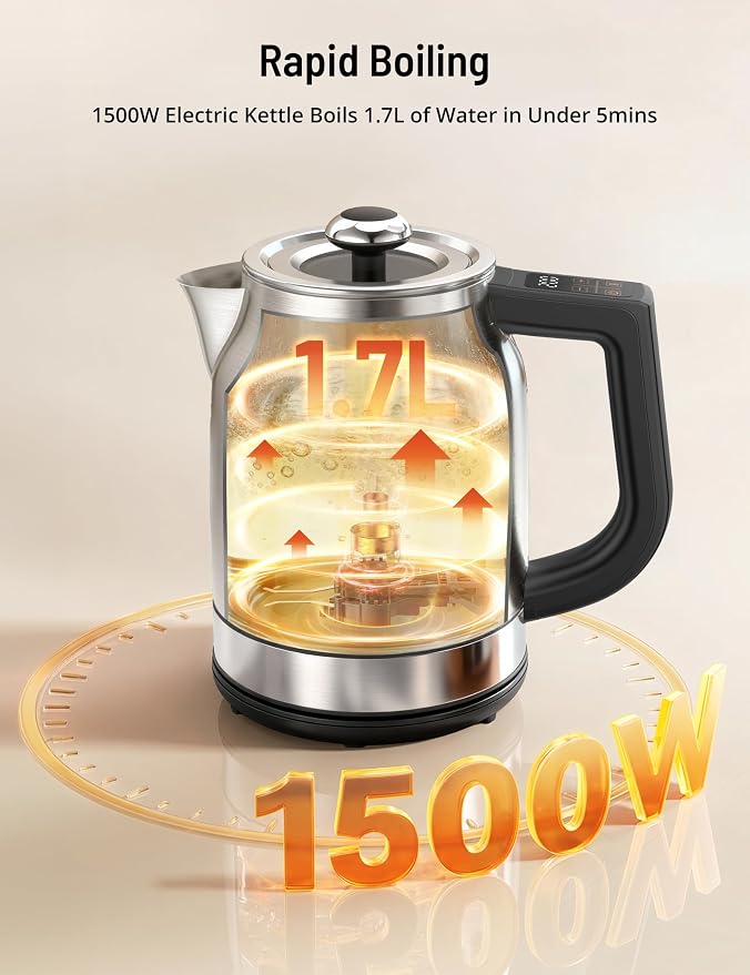 airyoyo EK024 Stainless Steel Electric Kettle, 1.7L 1500W Kettle with 13 Temperature Settings, Strix Thermostat, LED Display&Touch Control, Auto Shut-Off Protection, Boil Dry Protection