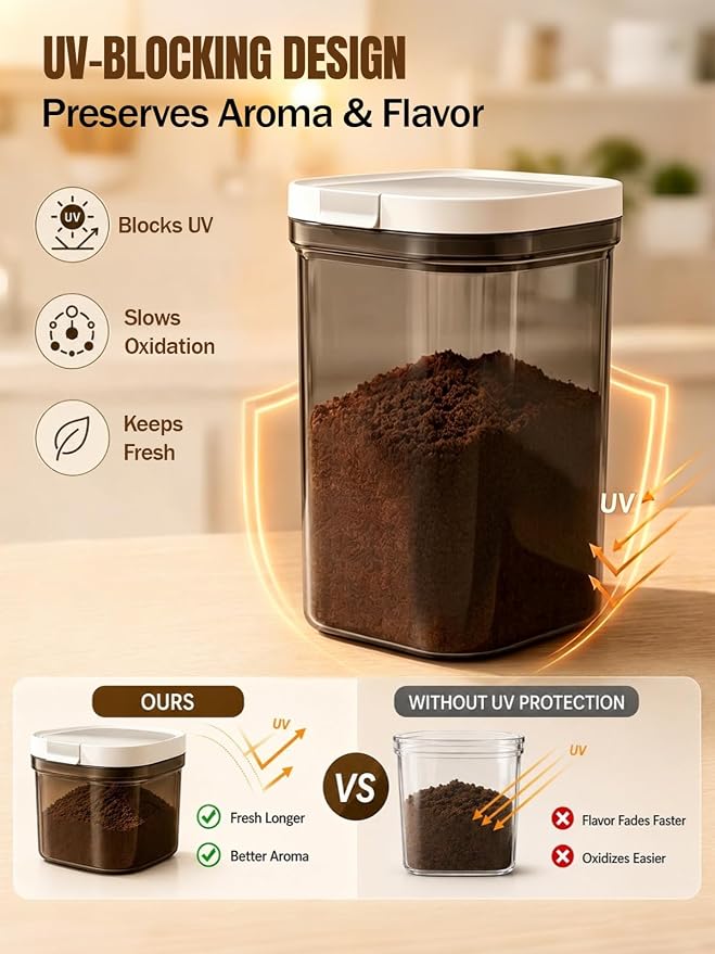 Lupow Airtight Coffee Canister with Magnetic Spoon, 1.8L BPA-Free Plastic Coffee Container for 20oz Ground Coffee & Beans, Dual Seal Locking Lid, Dark Brown Pantry Storage Jar