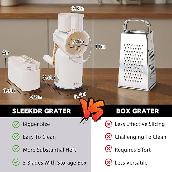 Rotary Cheese Grater with Handle, 5-Blade Cheese Shredder, BPA-Free (White) | Cheese Grater Hand Crank Slices, Shreds & Grates – Features Strong Suction Base, Stainless-Steel Blades & Easy Clean-Up
