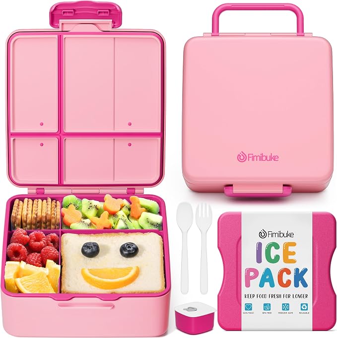 Fimibuke Chill Bento Box for Kids, Toddler Lunch Box with Built-In Ice Pack | Keep Cold Leak Proof BPA Free 4 Compartment Lunch Container with Utensil for Girl Boy School Adult, Microwave Dishwasher Safe
