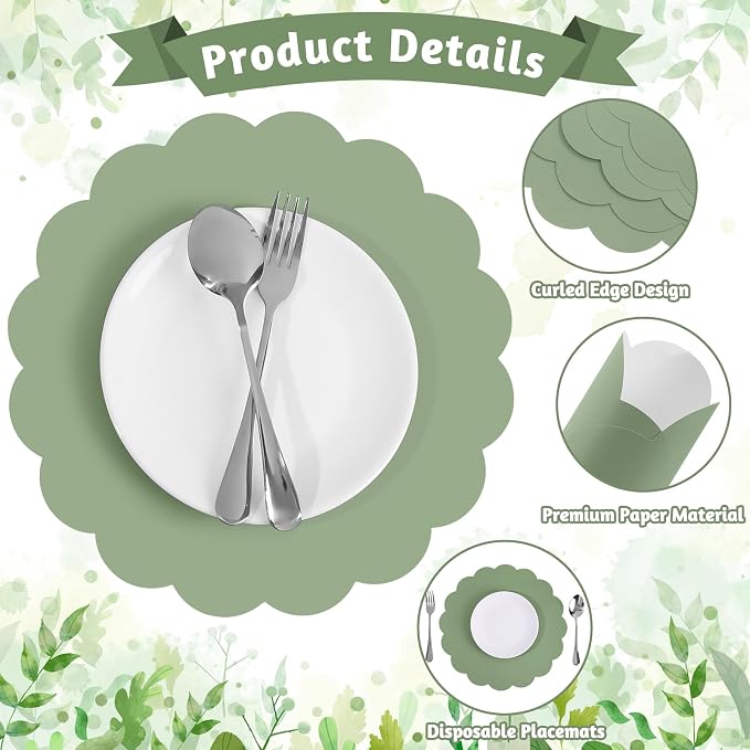 60 Pcs Sage Green Paper Placemat, Disposable Scalloped Wedding Placemats | 13.5 Inch Round Table Place Mats, Round Table Place Mats for Birthday Wedding Bridal Shower Baby Shower Banquet Tea Party