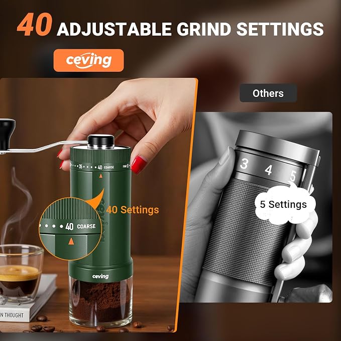 CEVING World's First 60g Large Capacity Manual Coffee Grinder, Green | 40 External Settings, Portable Hand Coffee Bean Mill with Stainless Steel Conical Burr for Travel, Camping, Pour Over & Gift