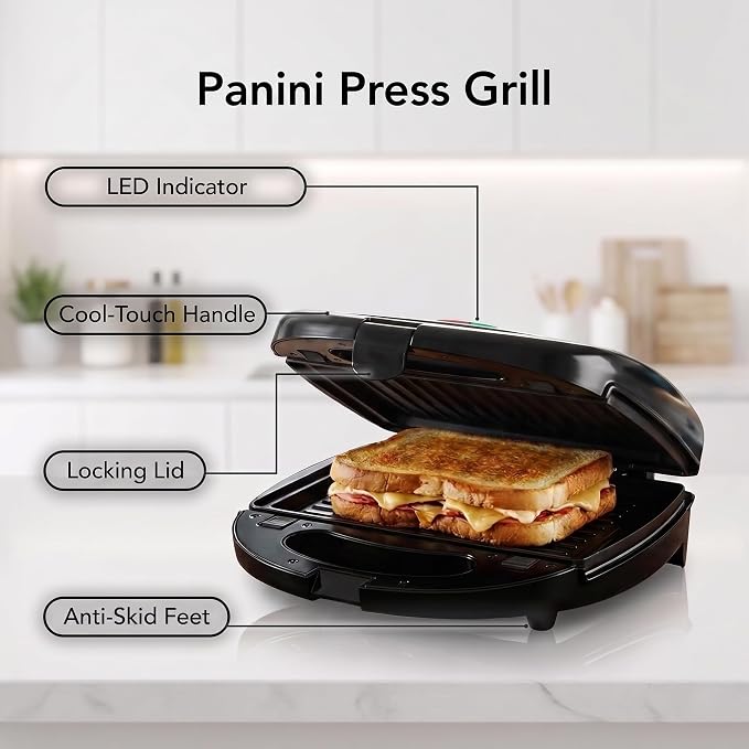 OVENTE 3 in 1 Electric Sandwich Maker, 750W Non-Stick Plates, Black GPI302B | Panini Press Grill and Waffle Iron Removable Set , Perfect for Grilled Cheese, Tuna Melts, Burgers, Steaks and Snacks