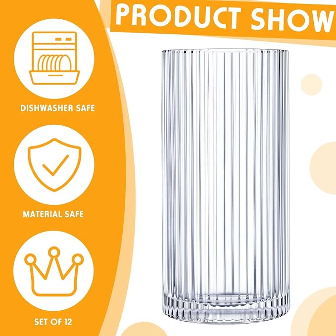 Zhehao 12 Pcs Ribbed Drinking Glasses Set 12 oz 14 oz Glass Cups Vintage Glassware Ribbed Cocktail Cup Clear Ice Coffee Highball Ripple Drinkware for Home Bar Beverages