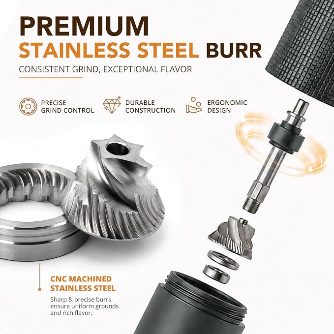 Portable Manual Coffee Grinder, Adjustable Stainless Steel Burr | Portable Aluminum Coffee Grinder with 28-Click Settings for Espresso, Pour Over and French Press