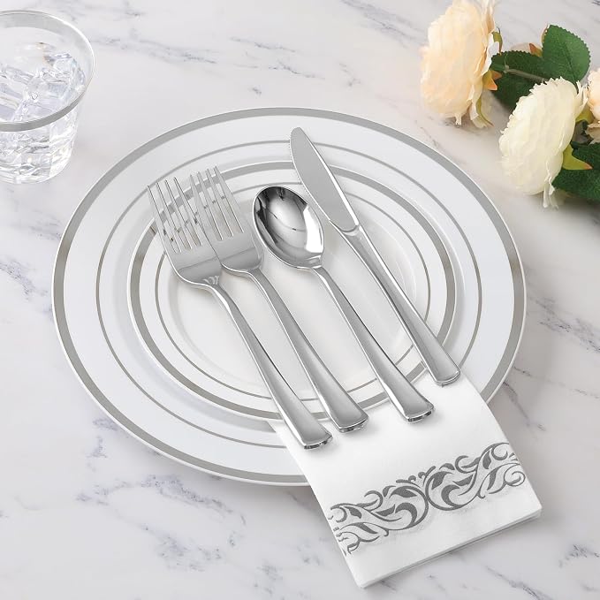 350 Pcs Silver Dinnerware Sets for 50 Guests, Disposable Plate Set | Plastic Plates for Wedding, Party, Include: 50 Dinner Plates, 50 Dessert Plates, 50 Paper Napkins, 50 Cups, 50 Silverware Set