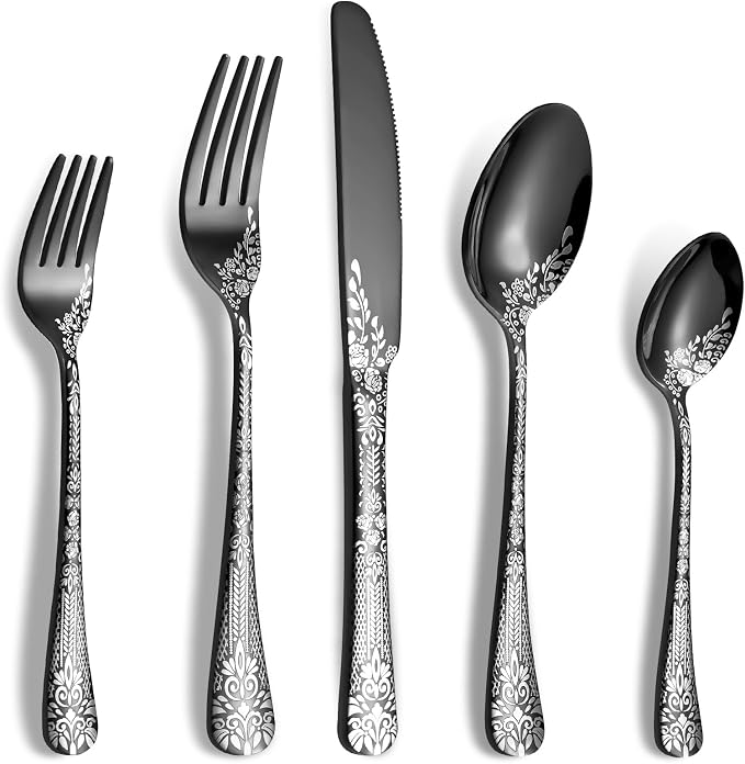 40 Piece Black Silverware Set, Stainless Steel Flatware Cutlery Set Service for 8, Mirror Polished Tableware Eating Utensils Set for Home Kitchen, Include Knife Fork Spoon Set, Dishwasher Safe