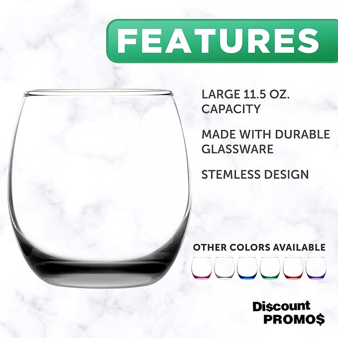 DISCOUNT PROMOS Mikonos Stemless Wine Glasses 11.5 oz. Set of 10, Bulk Pack - Restaurant Glassware, Perfect for Red Wine, White Wine, Cocktails - Black Bottom Color