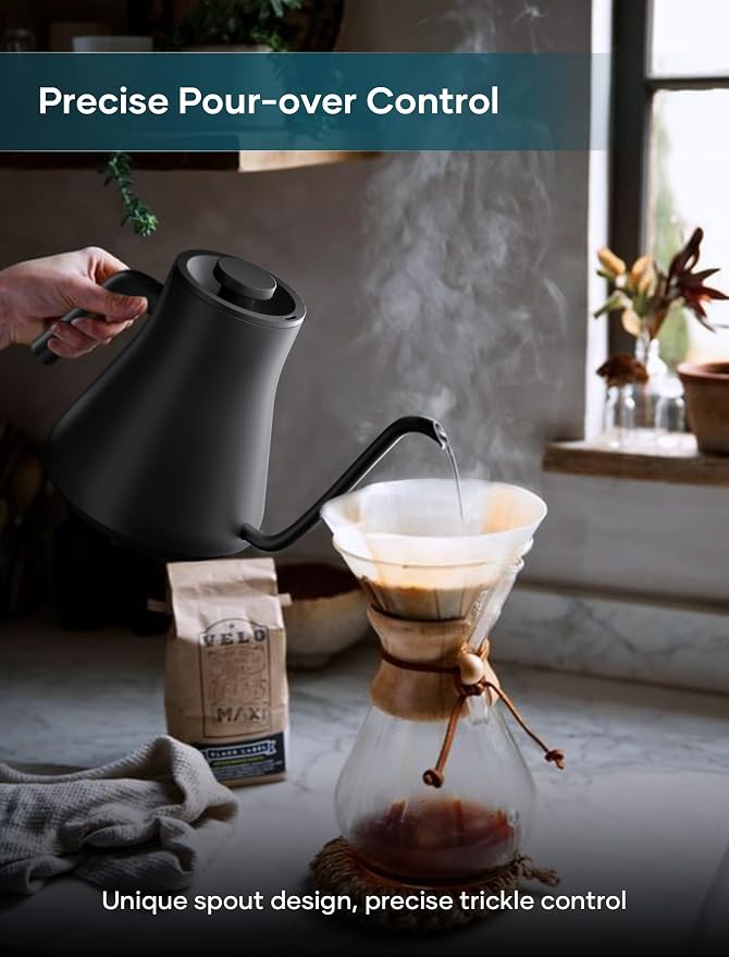 INTASTING Gooseneck Electric Kettle, Temperature Control | Stainless Steel Inner, 1200W Quick Heating, for Pour Over Coffee, Brew Tea, Boil Hot Water, 30 oz, 0.9L, Black