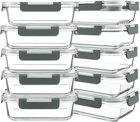 10 Packs 30 oz Glass Meal Prep Containers with Lids | Glass Food Storage Containers with Lids, Airtight Lunch Bento Boxes, Microwave, Freezer and Dishwasher, Gray