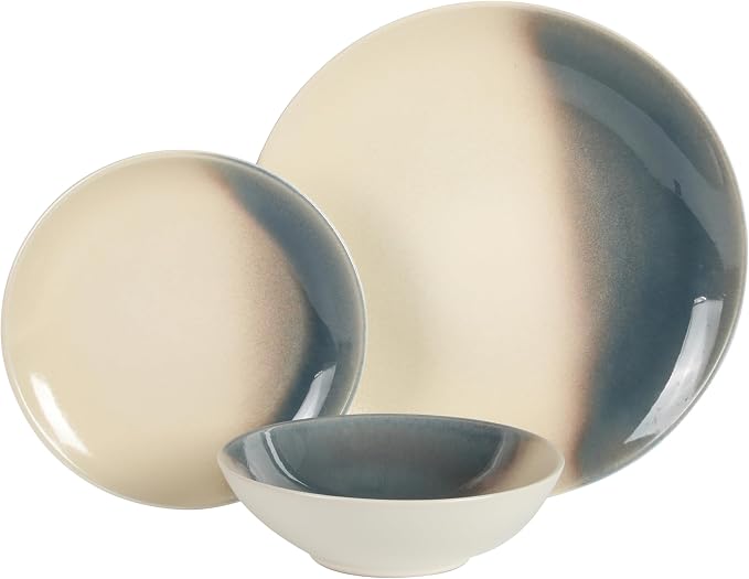 Gibson Elite Crescenton Plates and Bowls Sets, 12-Piece Blue Stoneware Dinnerware Sets, Round Reactive Glaze Dish Set