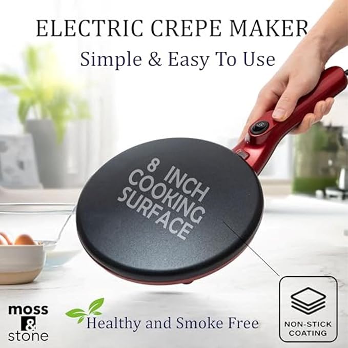 Moss & Stone Red Electric Crepe Maker, 8" Portable Nonstick Crepe Pan | Nonstick dipping plate, auto shut-off, on/off switch, even heating, dual temperature control, compact design