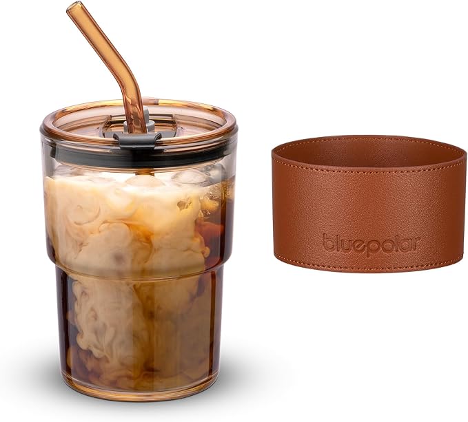 BLUEPOLAR 13oz/400ml Tumbler Water Glass, Cups with Straw and Lid Sealed Carry on for Coffee, Iced Tea, Thick Wall Insulated Glass Cup (Amberwith Protect Sleeve)