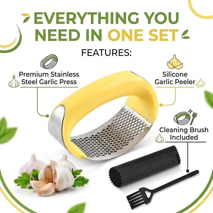 Angel's Peel Lounge Stainless Steel Garlic Press Rocker Set with Silicone Garlic Peeler & Cleaning Brush – Garlic Chopper, Mincer, Grater, Crusher – Easy for Crushed Cloves – Rust-Resistant, Yellow