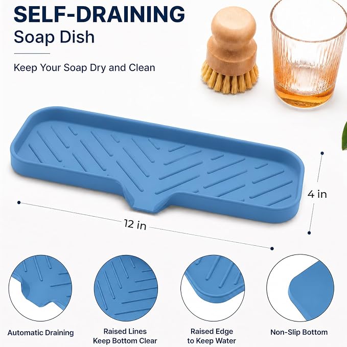 MicoYang Silicone Soap Dish with Drain Spout — Self-Draining Double Sink Organizer Tray for Kitchen & Bath, Dispensers, Sponges & Soap Holder, Non-Slip & Dishwasher Safe, Lichen Blue (Large, 12"×4")