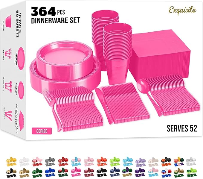 350 Pcs Cerise Plastic Plates For Party, Cerise Disposable Plates Set, 50 Of Each 9" Dinner Plate Set, 7" Dessert Plate, Cups, Napkins & Cutlery Plastic Dinnerware Set Exquisite