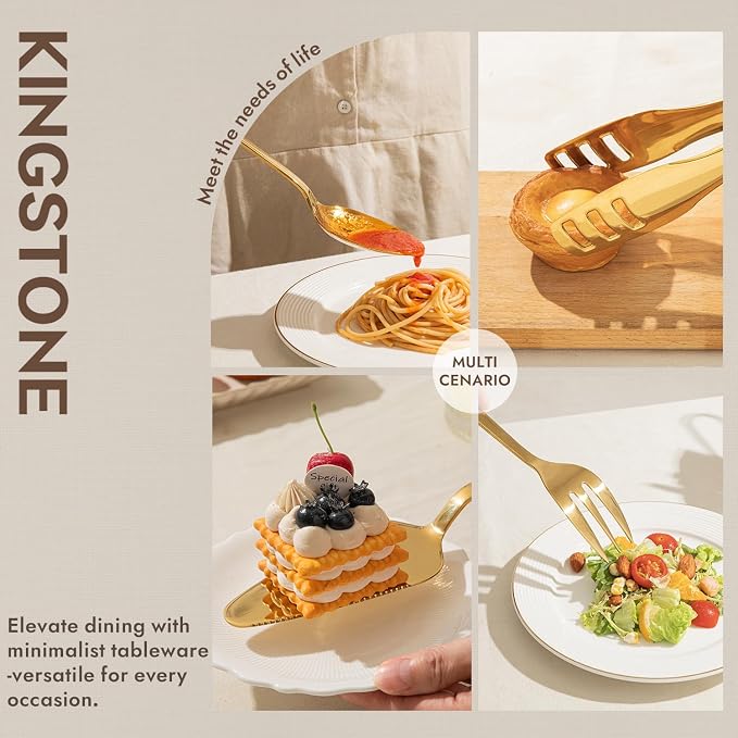 18/10 Large Hostess Gold Serving Utensils,Stainless Steel Serving | Heavy Duty Serving Set, 10 inch Serving Spoons, Slotted Spoons, Forks, Tongs, Cake Pie Server for Buffet, Wedding, Parties