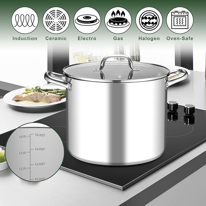 Leonyo 16 Quart Stock Pot with Lid, Large Cooking Pot Induction Cookware | 18/10 Stainless Steel & 3-Ply Heat-conducting Base for All Stoves