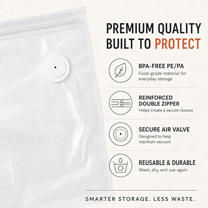 Vacuum Sealer Bags for Food, 60 Pcs Reusable Food Storage Bags, S+M+L Sizes, Air Valve Zipper Bags for Meal Prep, Freezer, Sous Vide & Microwave Storage