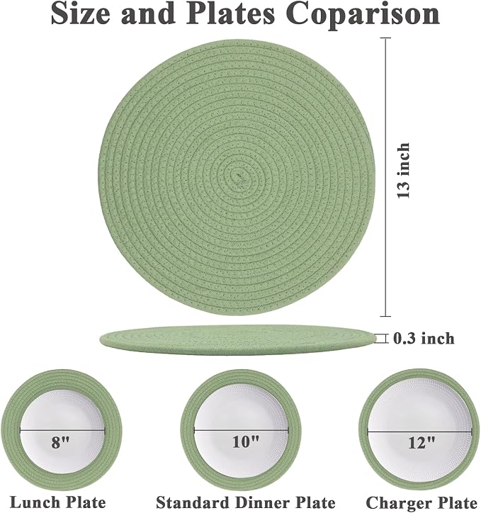 Round Placemats Set of 6, Cotton Rope Woven Table Mats, Hot Pads for Kitchen, Non Slip Heat Resistant Place Mats, 13 Inches Braided Placemat for Farmhouse Decor and Kitchen Table Decor (Green)