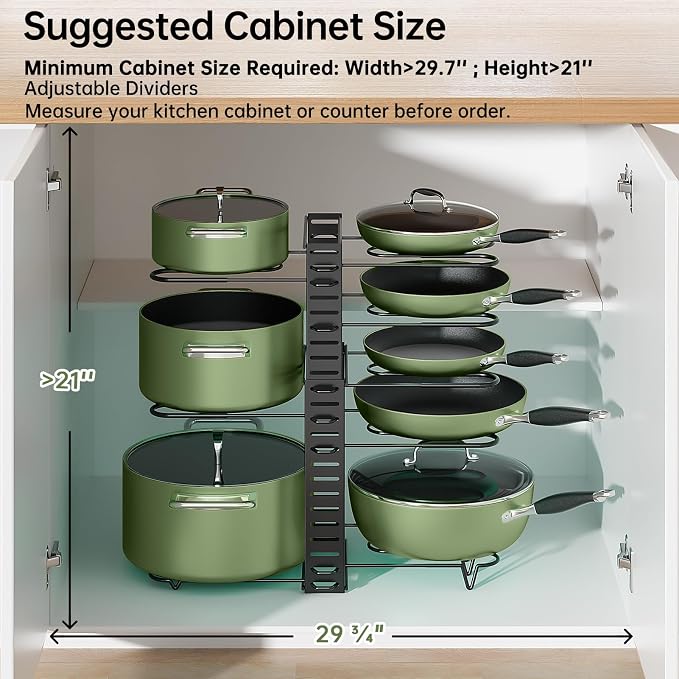 MUDEELA 8-Tier Adjustable Pots and Pans Organizer Rack under Cabinet, Blcak | Adjustable pot rack expands 11.65" to 19". Holds pots, pans and lids. 3 DIY installation methods. Fits kitchen pantry cabinet