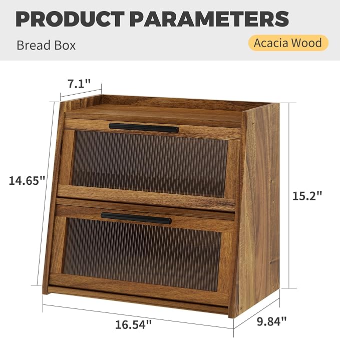Bread Box for Kitchen Counter,Wooden Double Layer Countertop Bread Storage | Bread Holder Container Bin with Window for homemade bread; Acacia Wood Construction with Metal Handles