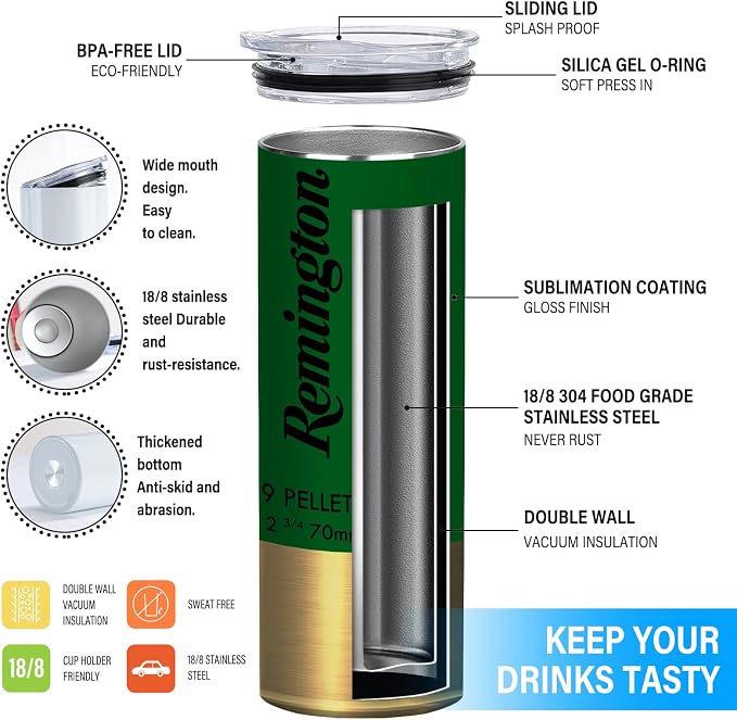 TUMBTU Funny Tumbler for Men,Shotgun Shell Style Insulated Skinny Tumbler | Creativity Gift for Men,20oz Stainless Steel Water Bottle for Hot & Cold Drinks Tea Coffee Mug,Includes 1 Cup and 1 Lid