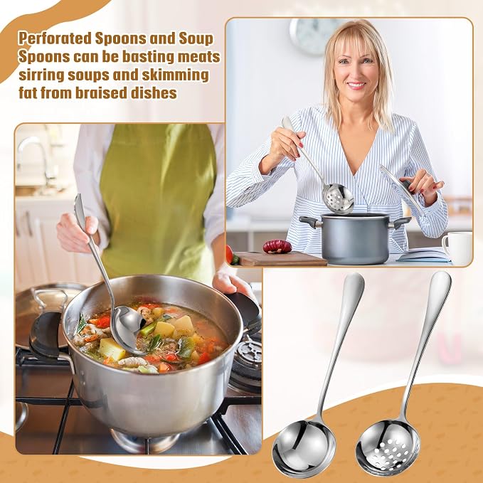 19 Pcs Serving Utensils Set Stainless Steel Tongs,Silver | Includes Spatulas Forks Spoons Perforated Skimmers, Parties Buffet Professional Kitchen Tools Home Gatherings Events