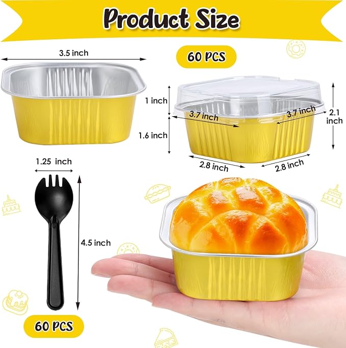 selizo 60 Pack 5oz Mini Disposable Cake Pans with Lids, Aluminum Foil Square Baking Cups, 3.5x3.5 Small Baking Cake Tins Cup Cake Containers with Lids for Individual Cakes