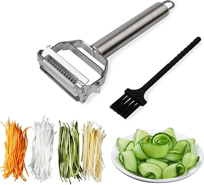 Sunkuka Potato Apple Vegetable Peeler Julienne Peeler for Kitchen - 3 in 1 Y Peeler for Fruit Veggie Carrot Cucumber Zucchini, Sharp Stainless Steel Peeler with Cleaning Brush