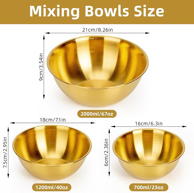 3-Set Stainless Steel Golden Mixing Bowls Set (8.26"+7.1"+6.3"), Metal Bowl with Measurement Marks, Dishwasher Safe & Stackable - Perfect for Baking, Salad Making, Meal Prep and Kitchen Use