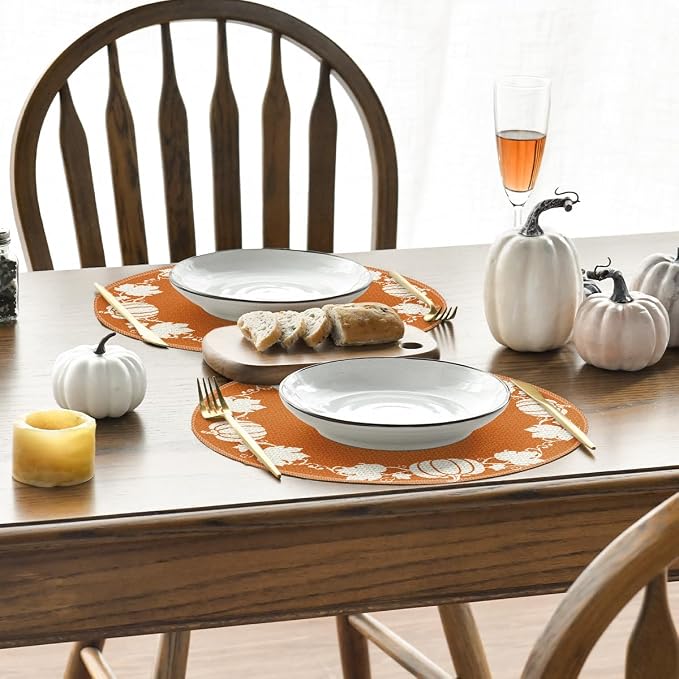 Artoid Mode Orange Pumpkin Leaves Round Fall Placemats Set of 4-14 Inch | Heat-Resistant, Washable Table Mats, Seasonal Autumn Kitchen Dining Decor