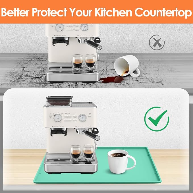 Silicone Coffee Maker Mat with Lip for Countertops, 19.7''x15'', Mint Green | Multi leak-proof coffee tray for countertop, non-slip silicone tray for under coffee machine espresso accessory, wipe-clean