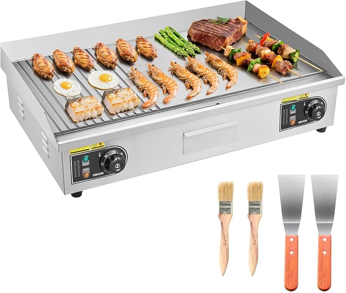 VEVOR Commercial Electric Griddle, 30" No Plug, Countertop Flat Top Griddle, Stainless Steel Teppanyaki Grill w/Iron Cooking Plate, 122-572℉ Adjustable Temp Control, 2 Shovels & Brushes