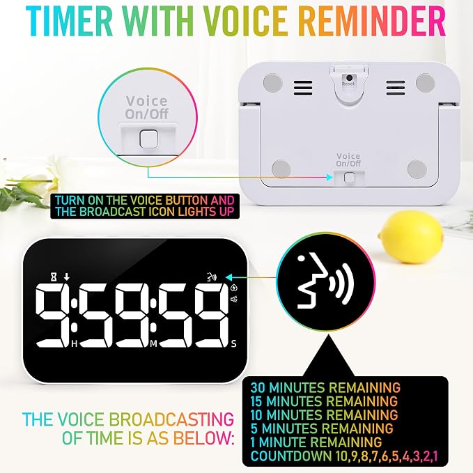 Kitchen Timer for Cooking, Rechargeable Digital Magnetic Timer with Large LED Display, Loud Alarm, Sound Countdown, 4 Volume Levels and 3 Brightness for Classroom, Study (White)