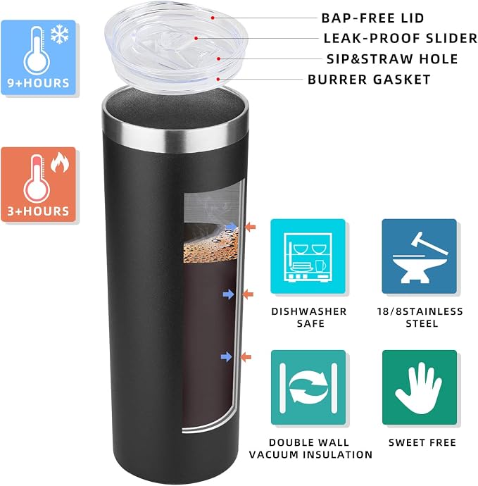 HASLE OUTFITTERS 20 oz Skinny Tumbler, Stainless Steel Insulated Slim Tumbler with Lid, Reusable Double Wall Travel Coffee Mug, Durable Powder Coated Travel Water Cup(Black, 1)