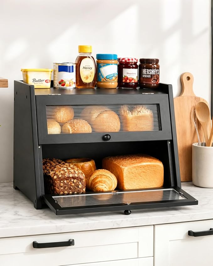 Bread Box for Kitchen Countertop,Double Layer Bread Storage,Black | Wooden Bread Storage Container for Homemade Bread,Counter Organizers and Storage for Fruits,Spices,Bread