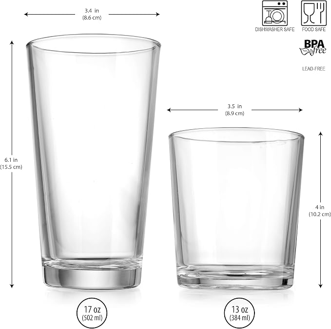Glaver's Drinking Glasses Set of 12. Glassware set, 6 Highball Glass Cups, 6 Whiskey glasses. Classic Drinkware Set 17 oz Tall Glasses Set and 13 oz Rock Glasses.