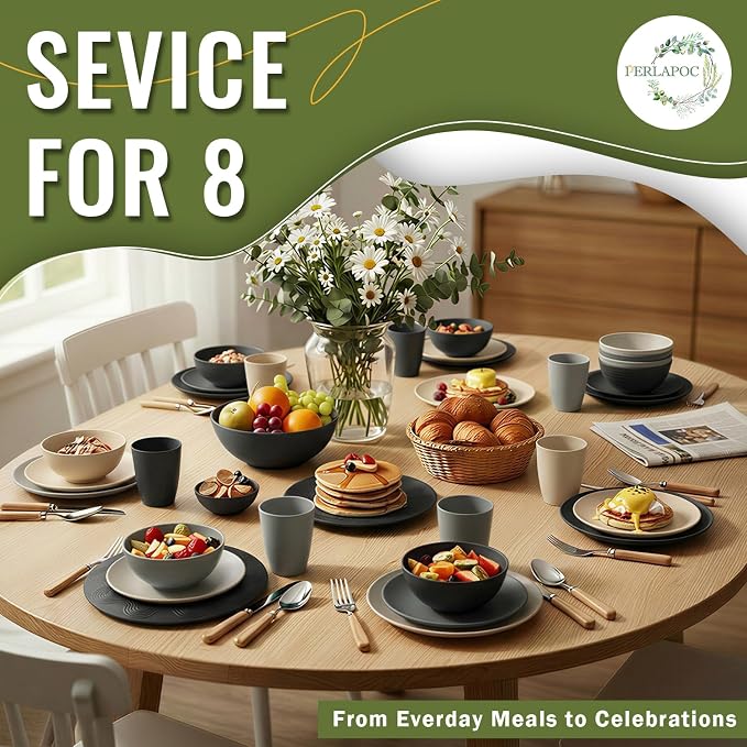 40 PCS Wheat Straw Dinnerware Set | Service for 8 Plastic Dishes Set Unbreakable Plates and Bowls Sets, Drinking Glasses, Dishwasher and Microwave Safe Dish Set for KItchen - Gray Stone
