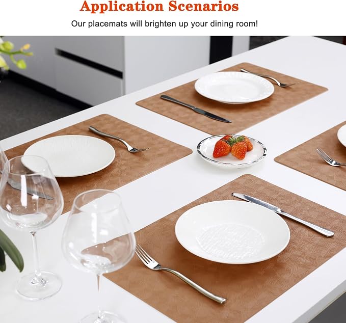 Light Brown Vinyl Placemats Set of 6 Waterproof Wipeable Table Mat | Heat Resistant Easy Clean Place Mats Faux Leather Table Mats Washable PVC Table Placemats for Dining Table