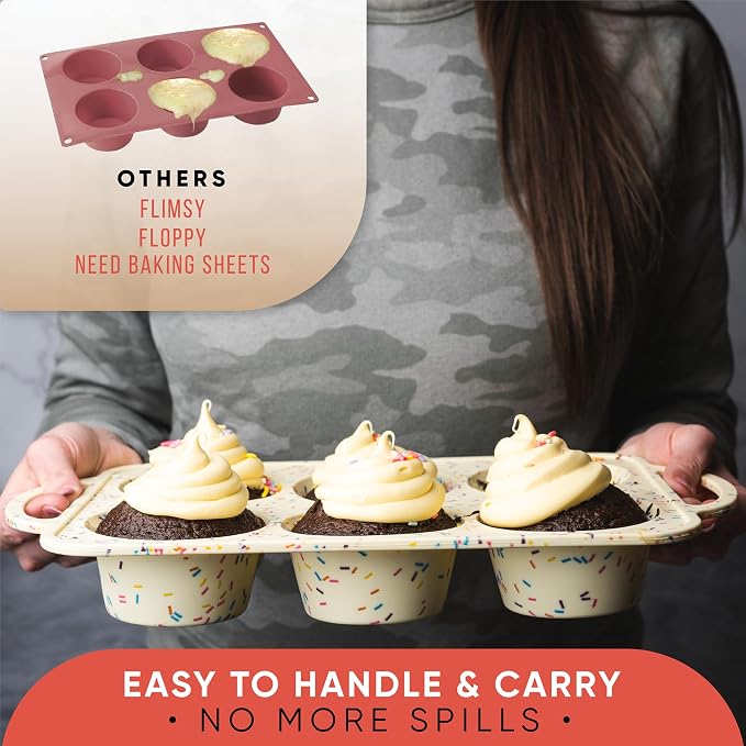Confetti Silicone Jumbo Muffin Pan, 6 Cup Nonstick Cupcake Pan, BPA-Free | Metal Reinforced Silicone Jumbo Muffin Pan for Baking, Nonstick Silicone Cupcake Pan, Easy Release Surface, Dishwasher Safe