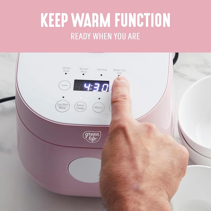 GreenLife Digital Rice Cooker, 2-Cups Uncooked/4-Cups Cooked, Pink | PFAS-Free Ceramic Nonstick Coated 1.5QT Pot, One-Touch Presets, Oats, Quinoa, Brown Rice, Auto Warming, Fuzzy Logic Tech