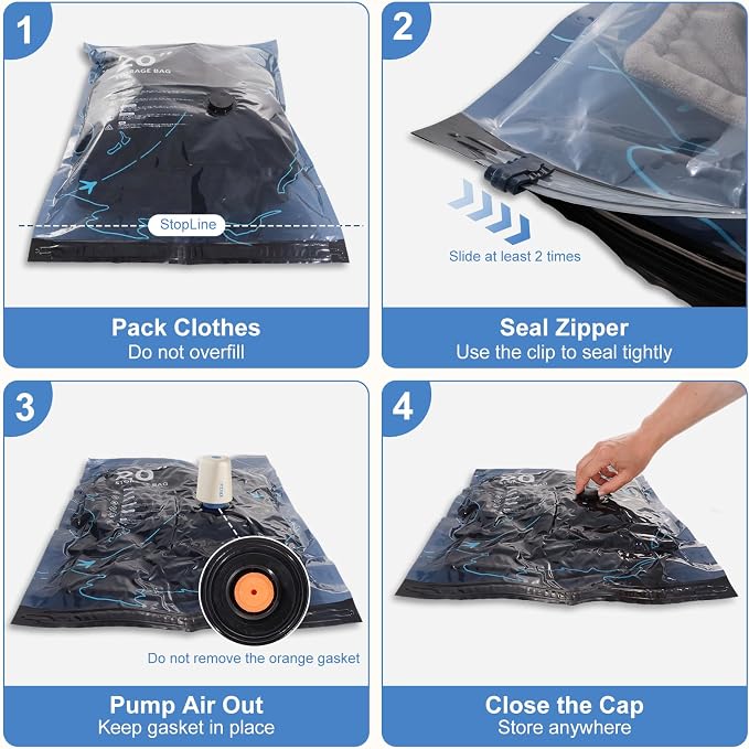Vacuum Seal Bags for Travel with Pump - 12 Pack Luggage Vacuum Bags | - Rechargeable UsB-C Pump, 3 Sizes,Space Saver Compression Bags for Vacation Group Trips Clothing Travel