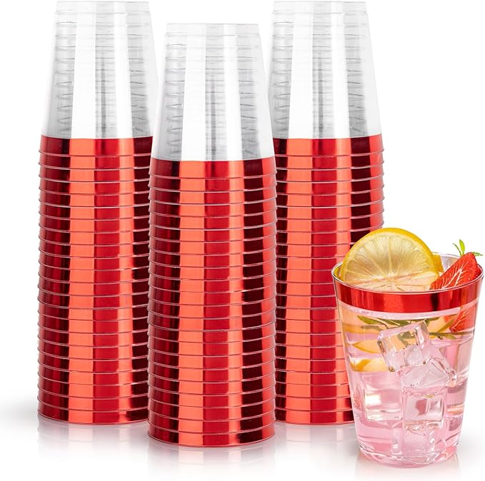 DaYammi 100 Pack Red Plastic Cups 10 Oz,Red Rimmed Plastic Cups for Party Fancy Disposable Cup for Wedding Disposable Glasses Clear Tumblers with red Rim for Bridal Shower Elegant Wine Cocktail Cup