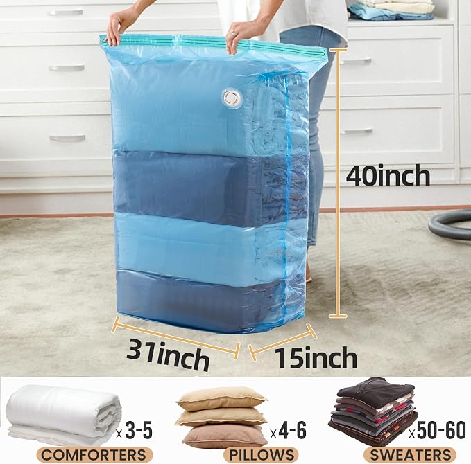 TAILI Vacuum Storage Bags 4 Pack, Jumbo Cube (31x40x15 Inch), Blue | Extra Large Vacuum Seal Bags for Clothing, Beddings Comforters, Blankets, Pillows, No Pump Compression Cube