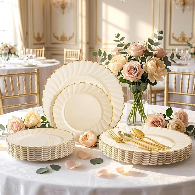 YOUBET 175PCS Ivory Scalloped Plastic Plates for Party Wedding | Ivory and Gold Disposable Dinnerware Set Include 50 Plates, 75 Gold Silverware, 25 Cups, 25 Napkins